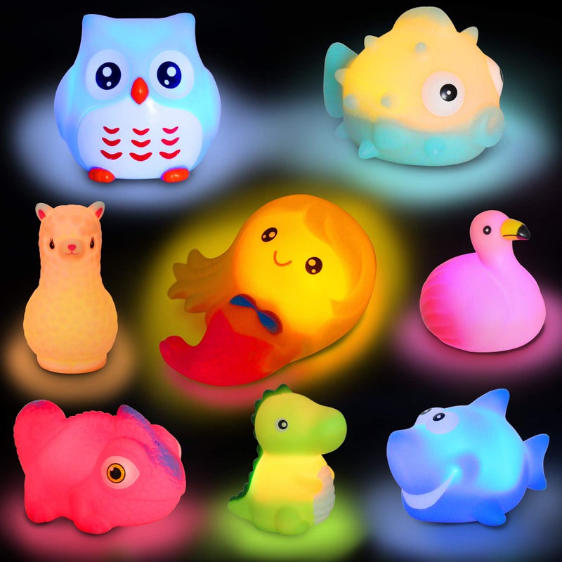 yoliyogo Animal Bath Toy Floating Auto Flashing Early Learning Toy Package with 8 Pcs Dinosaur Shark Flamingo Mermaid Etc Bathtub Shower Set Gift for Kids&Pets - Image 1
